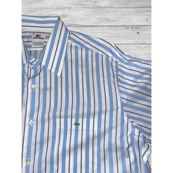 Lacoste Men's Size 46 Blue & White Striped Alligator Logo L/S Button Down Shirt - Picture 2 of 6